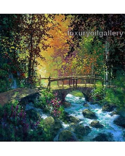 ציור שמן גשר מעל נחל זורם בתוך יער פורח